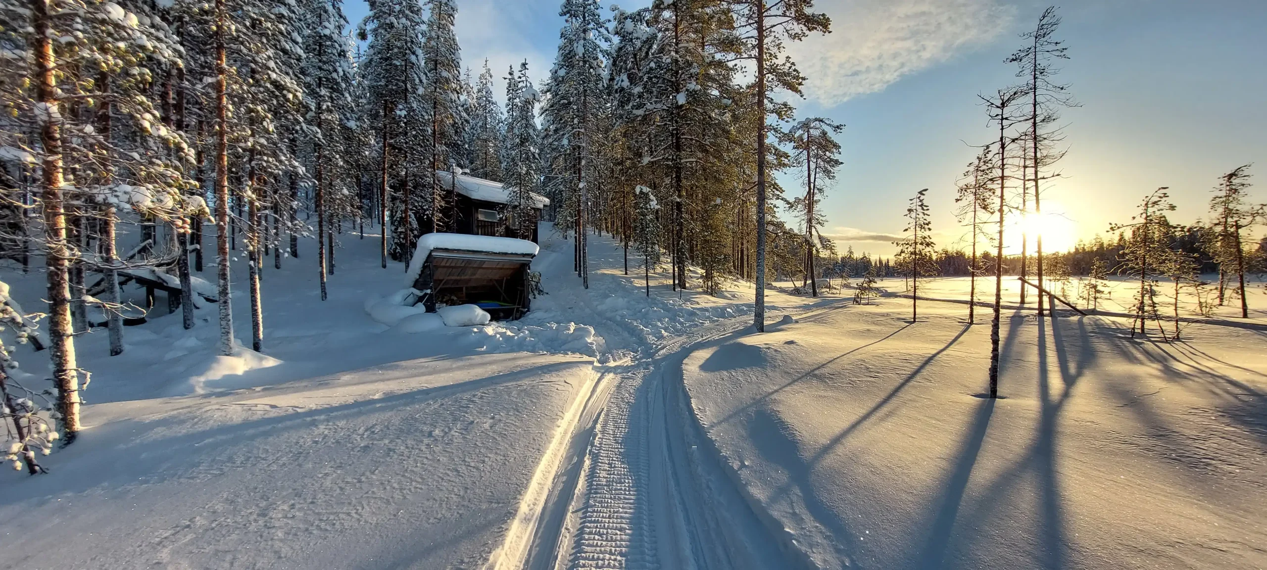 Hiking to forest cabin